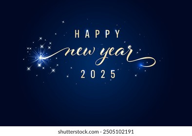 Greeting card for New Year 2025. Happy New Year graphics with shiny stars on blue background. Vector illustration with copy space for your text.