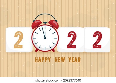 The Greeting card of New year with alarm clock and number 2022 and lettering happy new year, vector illustration