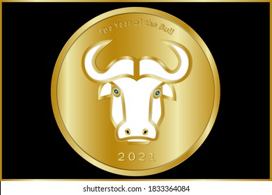 Greeting card, new year banner with gold coin dedicated to 2021 of the White metal bull. Happy 2021 Chinese New Year greetings. Vector illustration.
