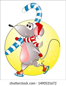 
Greeting card for New Year and Christmas. Cute mouse in santa claus skating suit carries candy