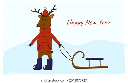 greeting card for new year and Christmas. vector illustration of a deer with a sled