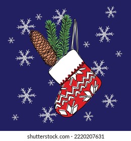 Greeting card for New Year and Christmas. New Year's bouquet, red Christmas sock and snowflakes. For gift, greeting, postcard, poster and decor