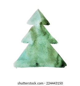 Greeting card for New Year or Christmas with abstract watercolor spruce. Christmas tree.