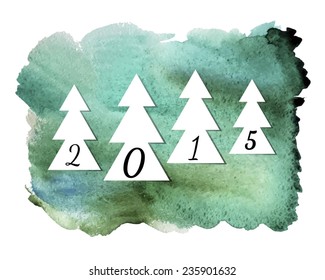 Greeting card for New Year or Christmas with abstract spruces on watercolor background. Christmas tree.