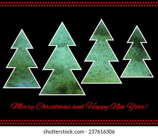 Greeting card for New Year or Christmas with abstract watercolor spruces on black background. Christmas tree.