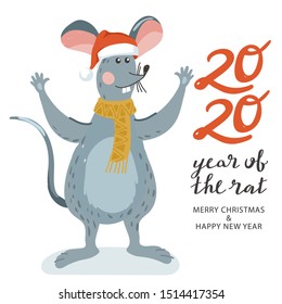 Greeting card for New Year with cute mouse and lettering. Rat is Chinese symbol 2020 year. Merry Christmas card. Vector illustration.