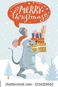 Greeting card for New Year with cute mouse, gifts and lettering. Rat carries a mountain of presents. Rat is Chinese symbol 2020 year. Merry Christmas card. Vector illustration.