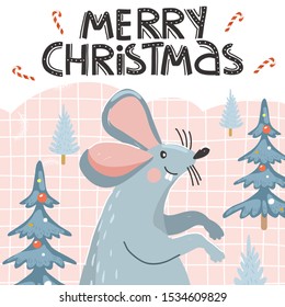 Greeting card for New Year with cute mouse and spruce. Rat is Chinese symbol 2020 year. Merry Christmas lettering. Vector illustration.
