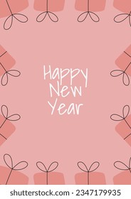 Greeting card for new year. Cute background with frame with gift boxes