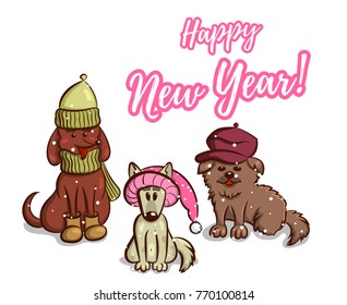 Greeting card for New Year. Cute puppies on white background. Vector illustration