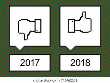 Greeting card for the new year with emoticons.
A hand with the thumb down to symbolize the year 2017 that ends and a hand with the thumbs up to symbolize the year 2018 that begins. French text.