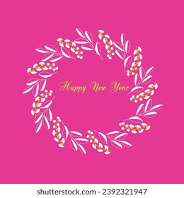 Greeting card for the new year. Flower and leaf on pink background. 