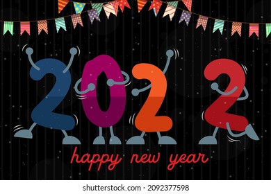 The Greeting card of New year with funny number 2022 cartoon dancing and lettering happy New year, and colorful flag, vector illustration