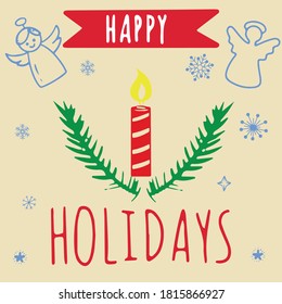 Greeting card, new year card, holiday, candle, angels, snowflakes are great for prints, flyers. Christmas vector illustration.