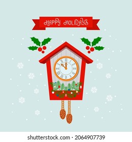 greeting card with new year holidays. Concept Xmas. wall wooden clock with branches of a Christmas tree, balls, stars and a garland. vector illustration