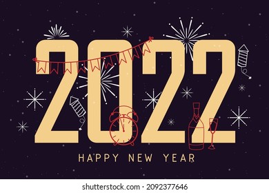 The Greeting card of New year with number 2022 and lettering, hand drawing flag, clock to countdow, happy and celebrate with firework, vector illustration