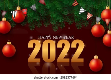 The Greeting card of New year with number 2022 and lettering happy and celebrate, decoration design with red hanging ball,  vector illustration