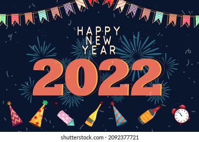 The Greeting card of New year with number 2022 and lettering happy,  celebrate firwork and decoration with colorful flag, vector illustration