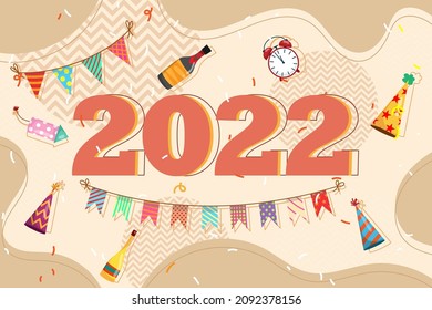 The Greeting card of New year with number 2022 and lettering happy and celebrate  party countdown with beverage and decoration with flag, balloon, vector illustration