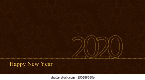 Greeting card for the new year with numbers 2020 from golden chains and a transparent Arabic ornament. Text Happy New Year. Vector illustration, minimalistic low-key style. Background design