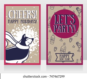 greeting card for new year party with cute smiling husky, vector illustration