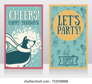 greeting card for new year party with cute smiling husky, vector illustration