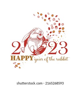 Greeting card for the New Year of the Rabbit 2023. Rabbit with a clapperboard and confetti on the white background. Happy New Year Bunny. Joyful hare label. Souvenirs, congratulations, banner.