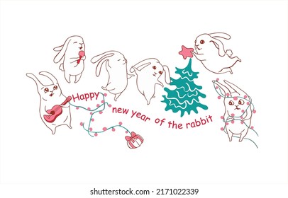 Greeting card for the New Year of the Rabbit 2023. Funny hares are preparing to meet the new year Happy New Year Bunny. Joyful hare label. Souvenirs, congratulations, banner.