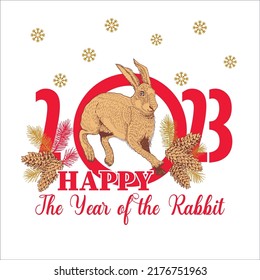 Greeting card for the New Year of the Rabbit 2023. Rabbit with Christmas tree branches with cones. Happy New Year Bunny. Joyful hare label. Souvenirs, congratulations, banner.