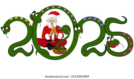 Greeting card with New Year Santa Claus plays the flute snake symbol of 2025 dances funny congratulations on New Year and Christmas Vector