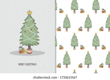 Greeting card with New Year tree. Christmas tree with decorations and gift boxes. Holiday background. Merry Christmas and Happy New Year. Vector illustration