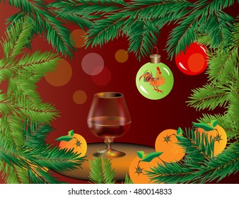 Greeting card for the New Year. Vector image of fir tree branches, Christmas ball with chicken, oranges and glass of cognac on the table.