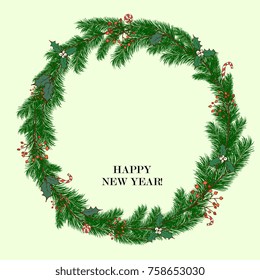 greeting card. New Year's wreath, round frame of fir branches and berries
