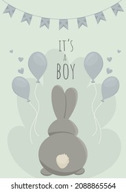 Greeting card for a newborn, it's a boy, a bunny with blue balloons. Vector image, congratulations on the birth of a child on a festive background.