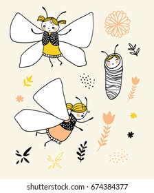 Greeting card with newborn butterflies. Vector childlike background.