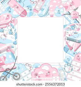 Greeting card for newborn children in pink and blue tones on a white background.Vector background for your design.