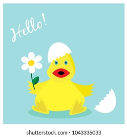 Greeting card for newborn or Easter day. Cute chicken in the egg.