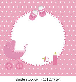 Greeting card for the newborn girl. Template for application, album. Vector illustration.