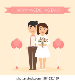 Greeting card for newlyweds. Festive vector illustration. Cute beautiful couple. Happy wedding day. Boyfriend and girlfriend. New family.