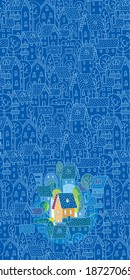 Greeting card with nice color house (sweet home) on monochrome blue pattern background with houses, trees and roofs