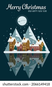 Greeting card with nightly decorated winter city, mountains and lanterns. Moon with Santa and deer. Vector illustration in a flat style