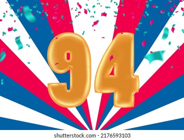 greeting card for ninety four year Happy birthday number 94 in fun art style with party confetti. Anniversary invitation, congratulations or design