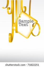greeting card. card note with rolled up golden swirly ribbon on white background. Blank frame gift tag. eps10 vector