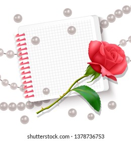 Greeting card with a notebook, a red rose and a scattering of pearls, the card can be used on the 8th of March or Valentine's day