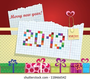Greeting card of notebook sheet and lettering 2013. Collage of gift boxes.