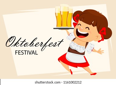 Greeting card for Oktoberfest, beer festival. Funny woman, cheerful cartoon character holding three glasses of beer on tray. Vector illustration 