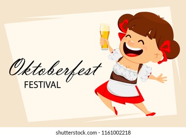 Greeting card for Oktoberfest, beer festival. Funny woman, cheerful cartoon character holding a glass of beer. Vector illustration 