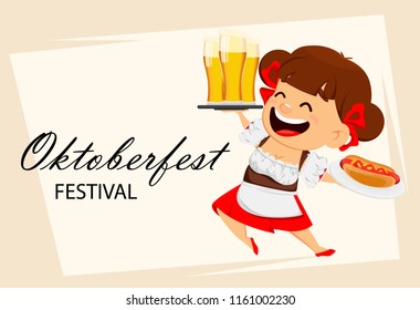 Greeting card for Oktoberfest, beer festival. Funny woman, cheerful cartoon character holding beer and hot dog. Vector illustration