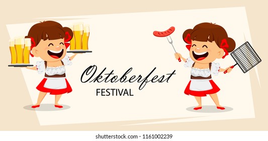 Greeting card for oktoberfest, beer festival. Funny woman, cheerful cartoon character. Vector illustration