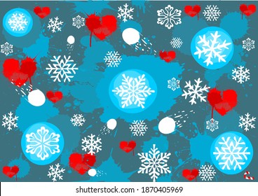 Greeting card on the background of snowballs, snowflakes, blots, splashes and hearts.
